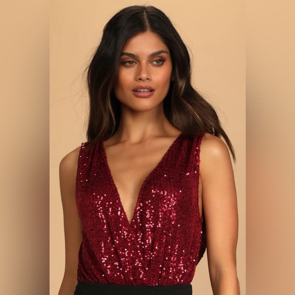Lulus Evening of Wonder Burgundy Sequin Cowl Back Bodysuit size S
